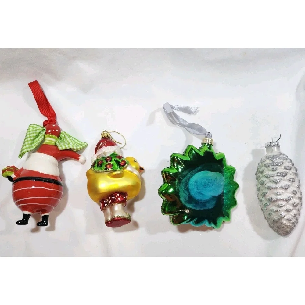 (3)Christmas Bead & Sequin & (1) Glass Ornament~Santa, Santa W/Duckie,Peacock